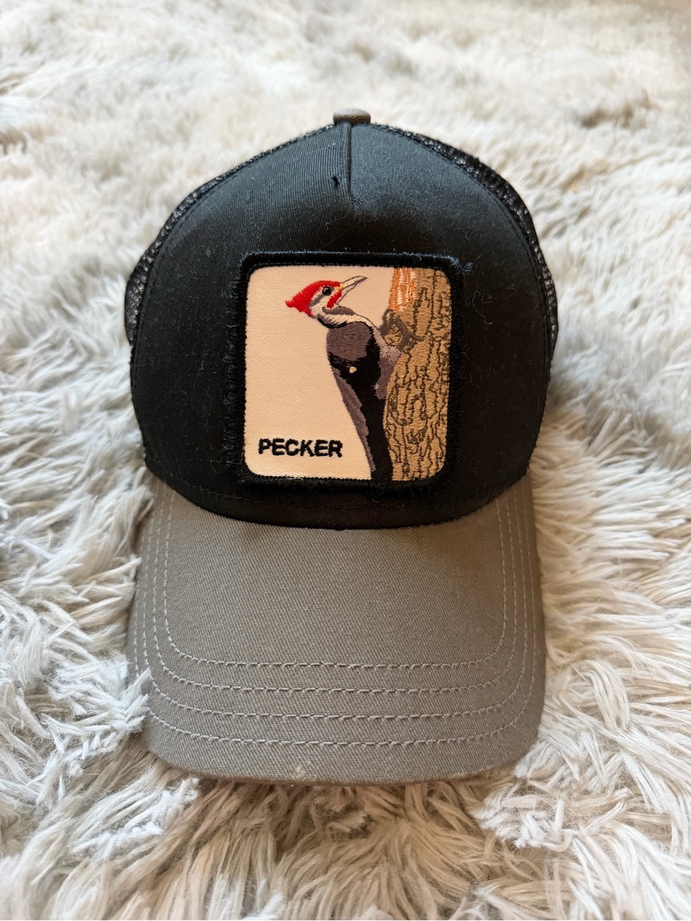 GOORIN BROS Pecker Woodpecker Patch Trucker Hat - Black and Gray